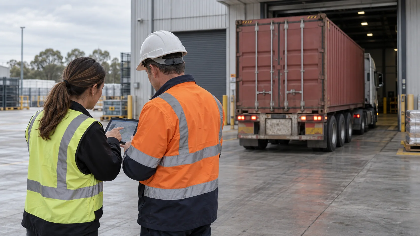 Two people talking at an Australian warehouse dock