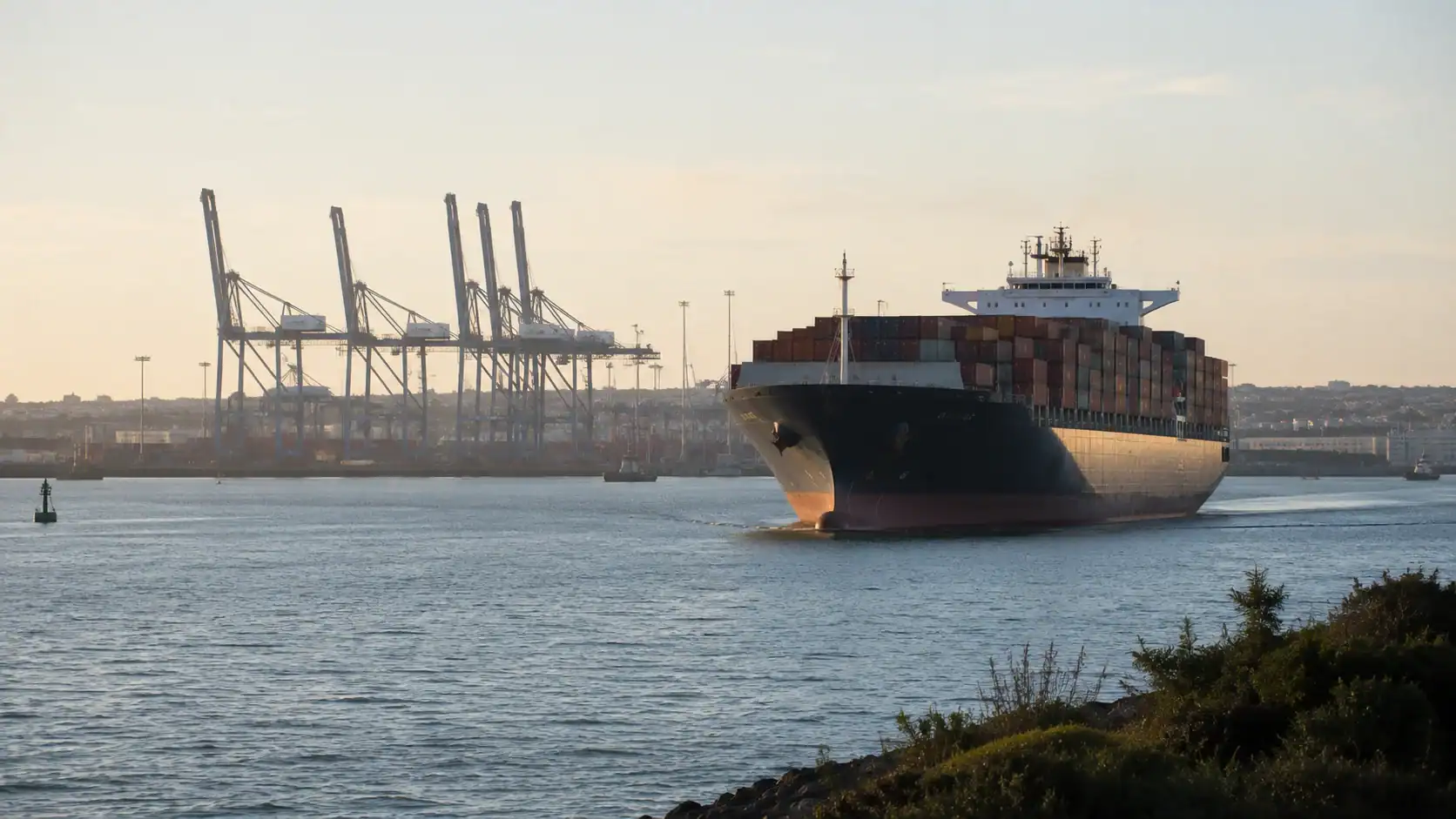 A container ship arriving at an Australian port (Botany or Melbourne) framed alongside a calendar visualization or timeline graphic showing weeks of transit