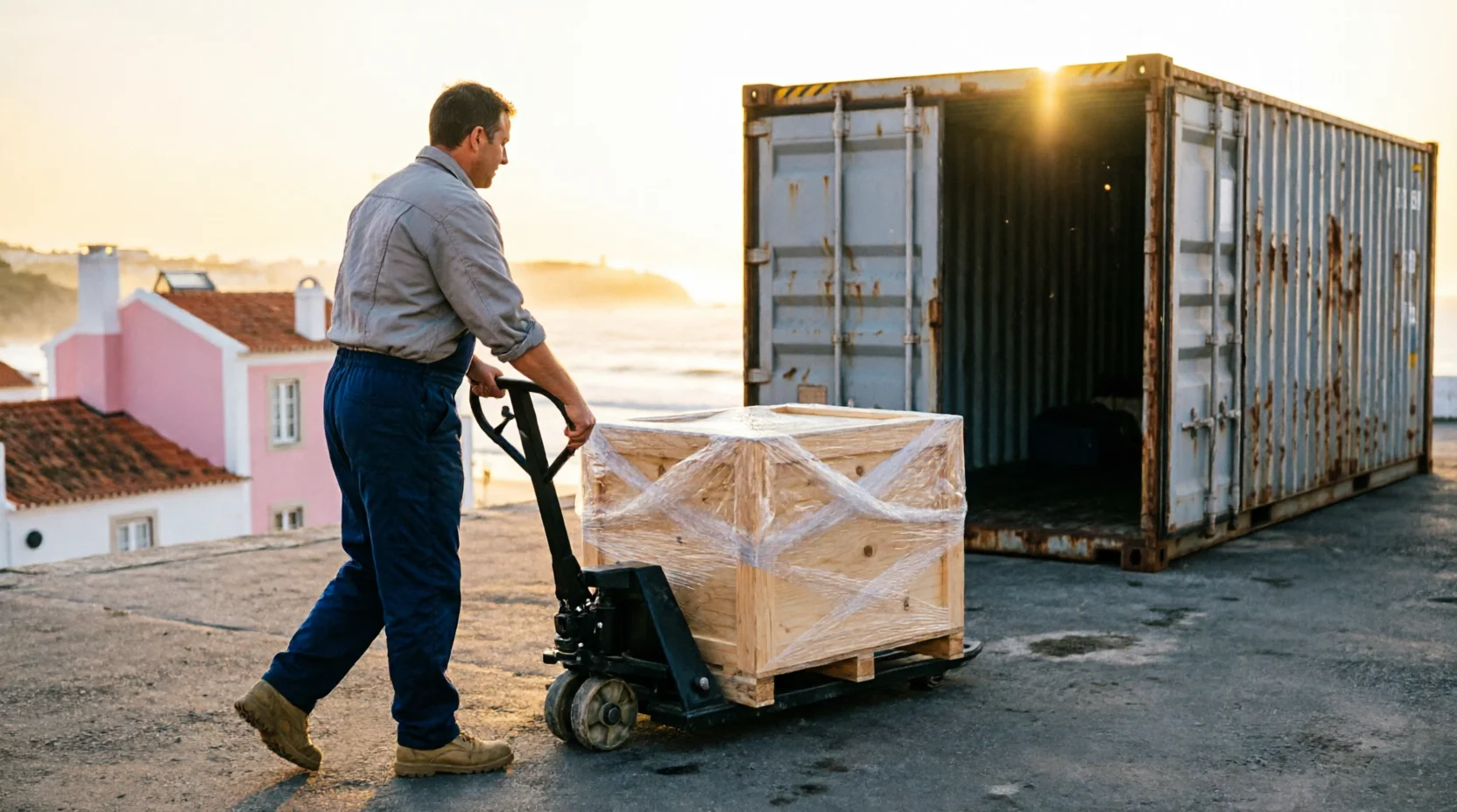 Shipping container partially open at a Portuguese coastal receiving bay, late-afternoon light