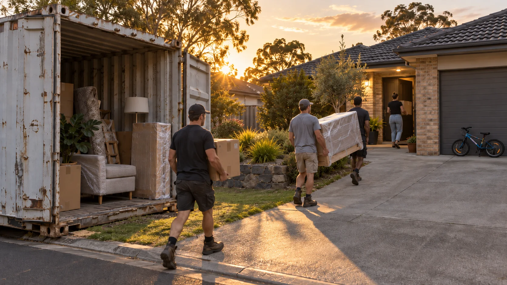 Shipping container sits open at the kerb outside a suburban Australian home