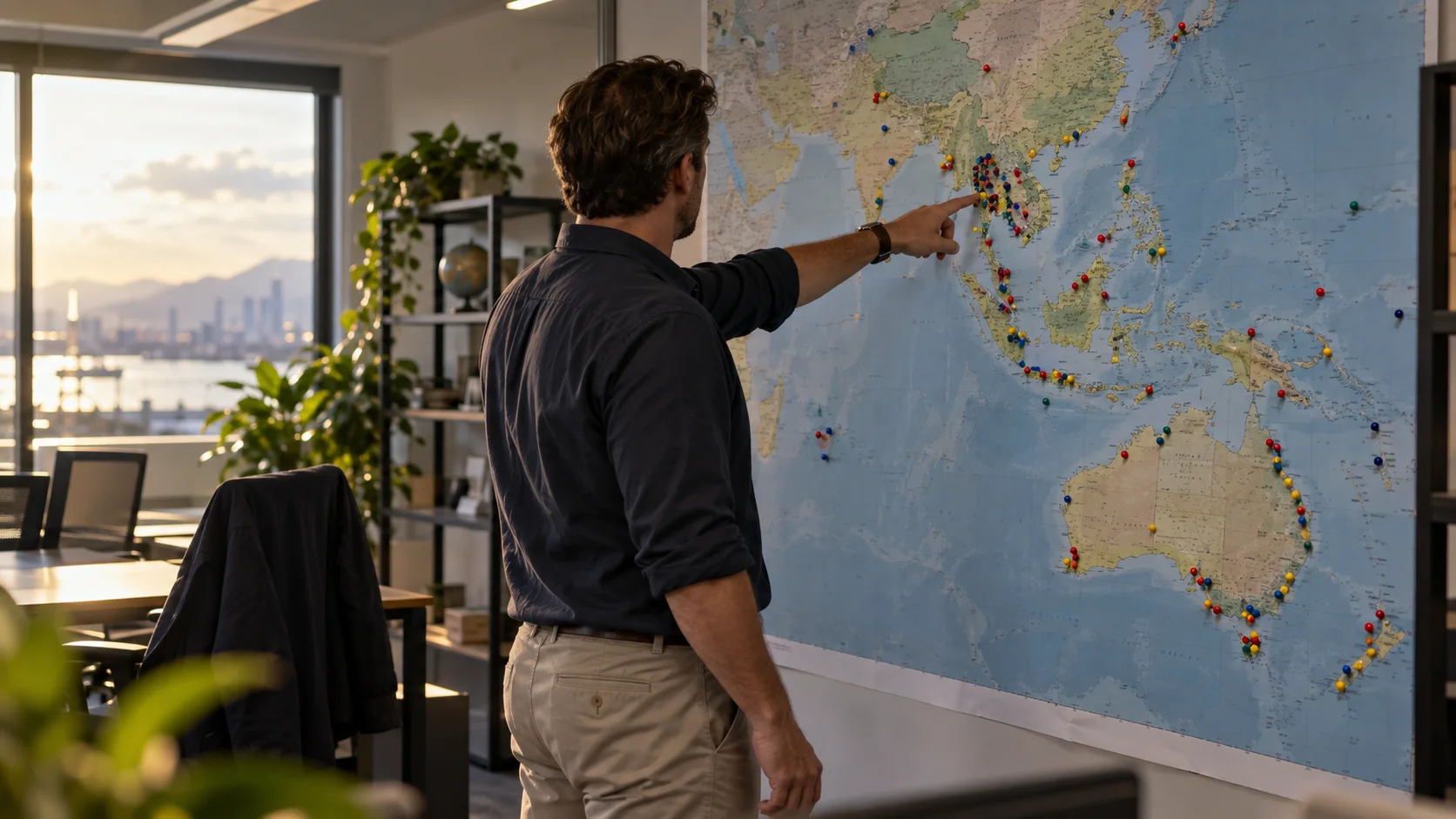 Logistics manager beside a regional map pinned with clustered colour markers