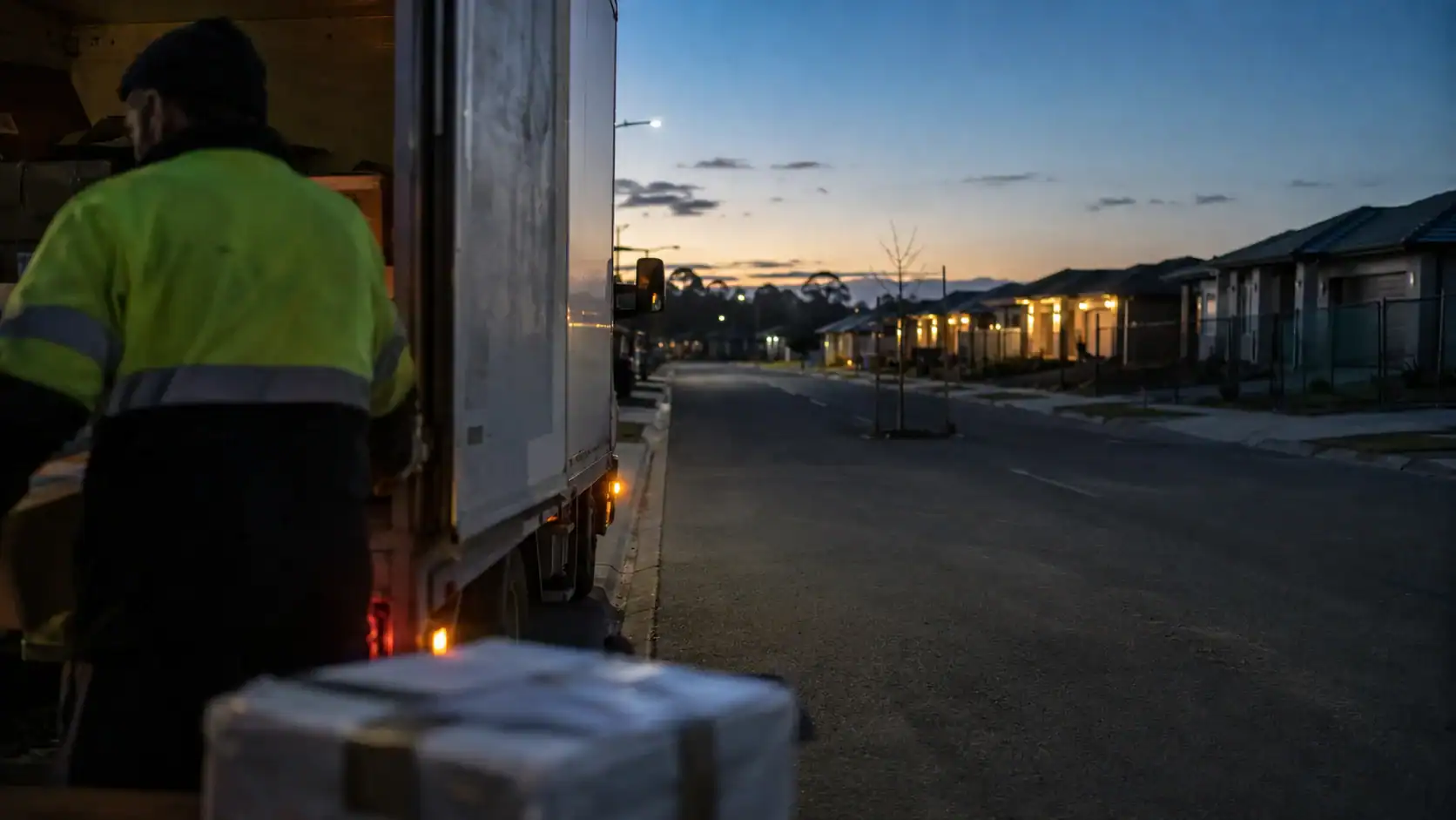 Delivery driver in high-visibility workwear unloading a crate from a truck on a new-build Australian suburban street at dusk