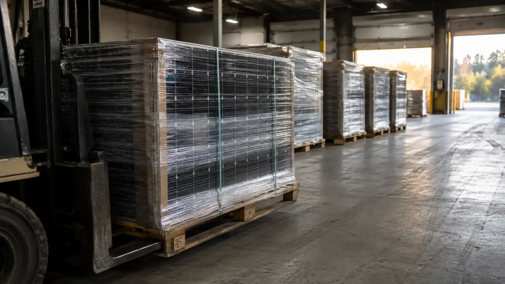 Forklift carrying a shrink-wrapped pallet of solar panel modules through a warehouse, with additional wrapped pallets staged in a row toward an open loading bay