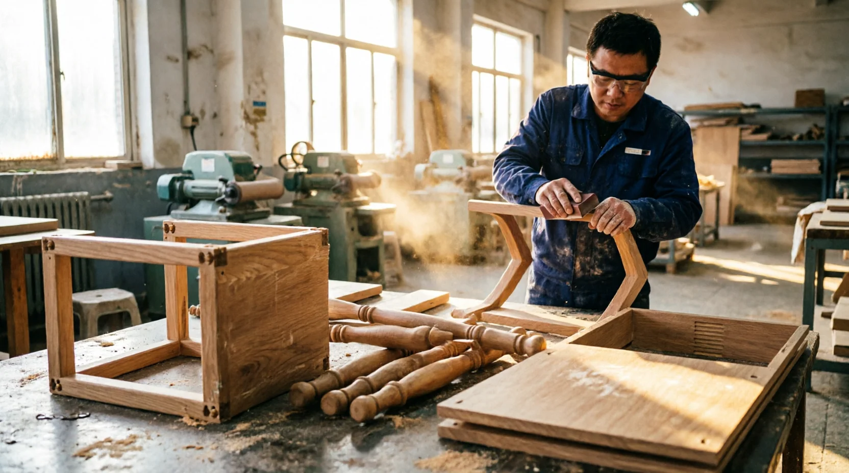 A furniture maker sanding a wooden chair frame in a sunlit Chinese workshop, representing furniture sourcing between Foshan and Dongguan