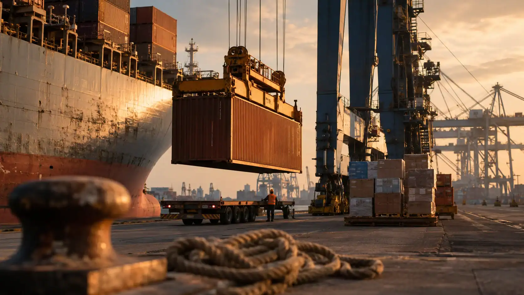 Gantry crane lifting a full shipping container from a cargo vessel at a Spanish port at sunset, with wrapped pallets of boxed freight staged on the dock for LCL consolidation