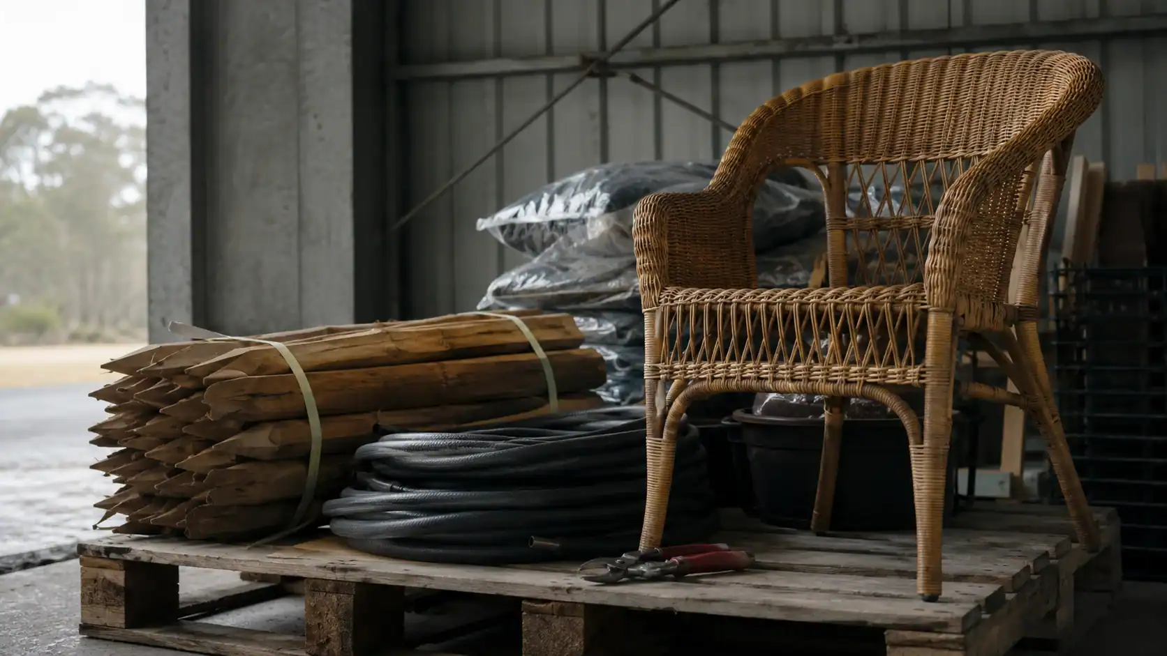 Bundled timber garden stakes, coiled rubber hose, pruning shears, and a woven cane armchair staged on a pallet in a warehouse bay, goods types that draw extra state-level biosecurity scrutiny in WA, Tasmania, and the NT