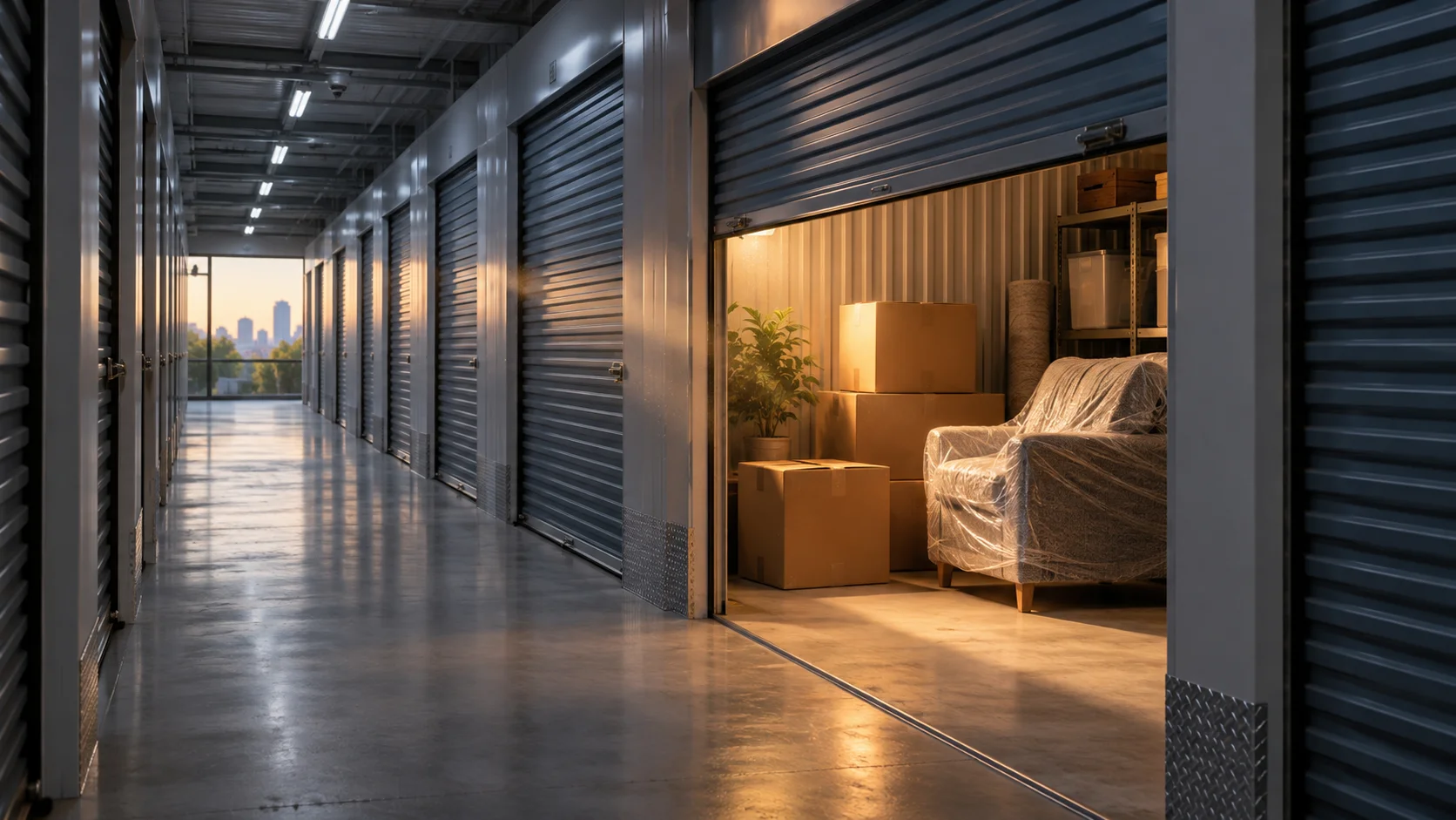 A softly lit self-storage corridor leads to one open unit holding stacked boxes, a potted plant, and a shrink-wrapped armchair, with a city skyline visible beyond.