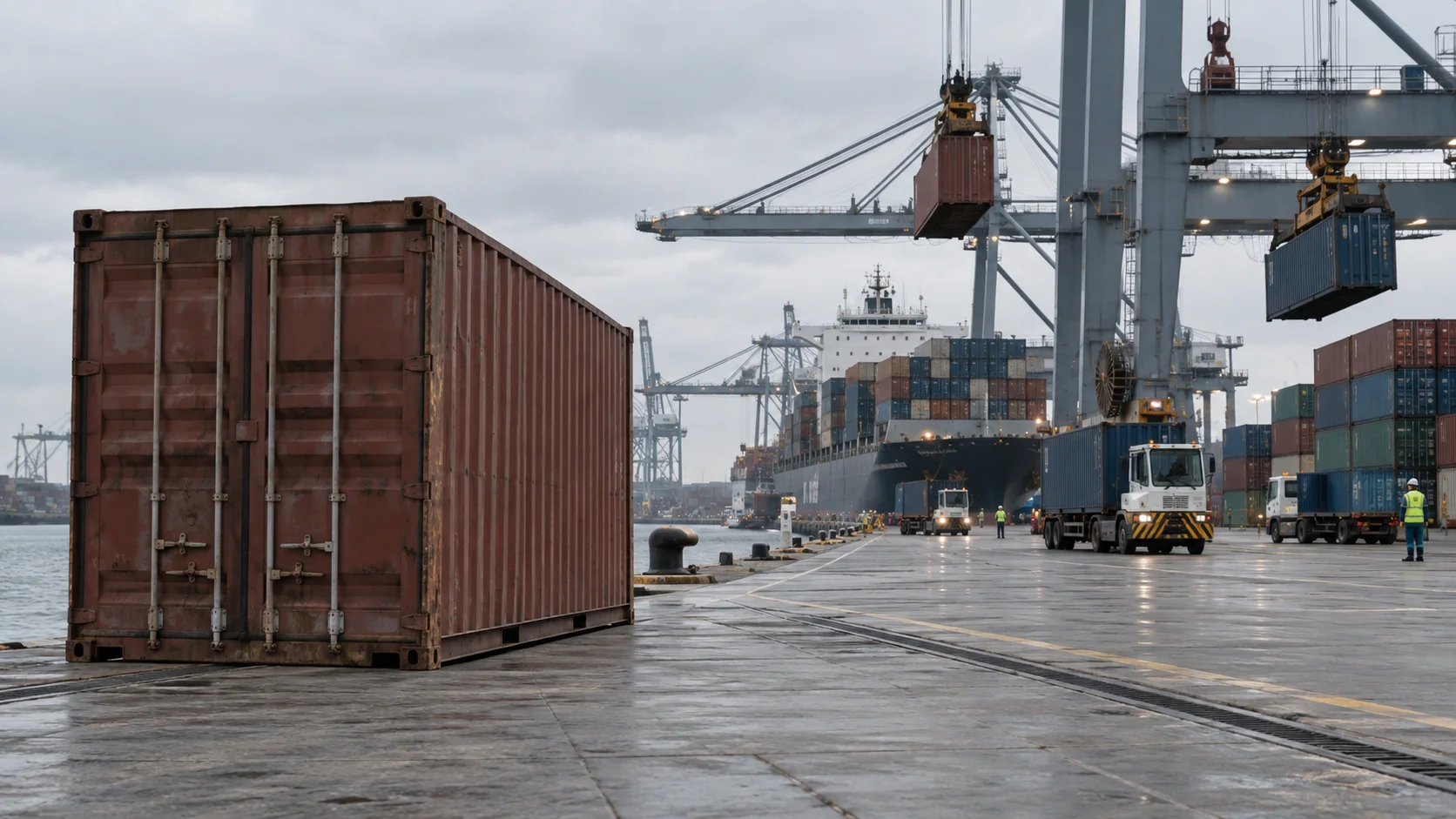 A single weathered shipping container sits stationary at the edge of a busy overcast port yard while cranes and trucks move containers in the background.