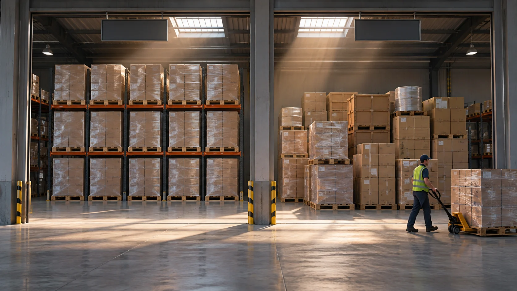 Inside a warehouse, one bay holds pallets stacked in a precise grid while the adjacent bay holds a looser cluster of boxes as a worker pulls a pallet jack past.