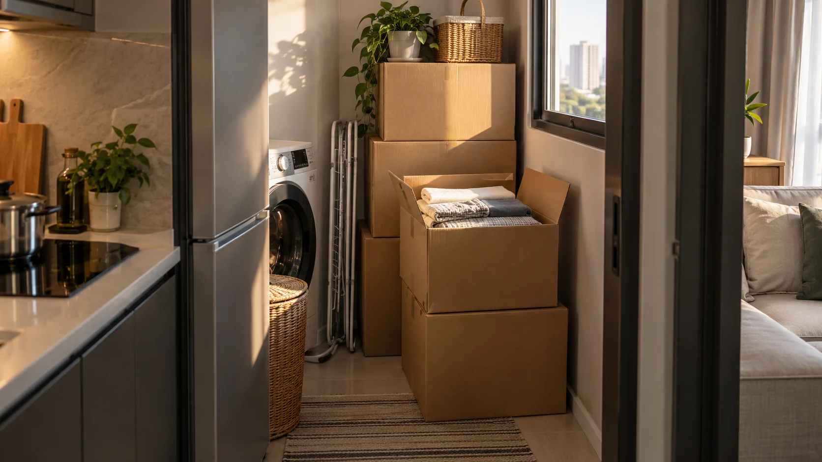 A narrow condo utility nook beside a kitchen holds neatly stacked moving boxes, one open box revealing folded linens, with a city view through the window.