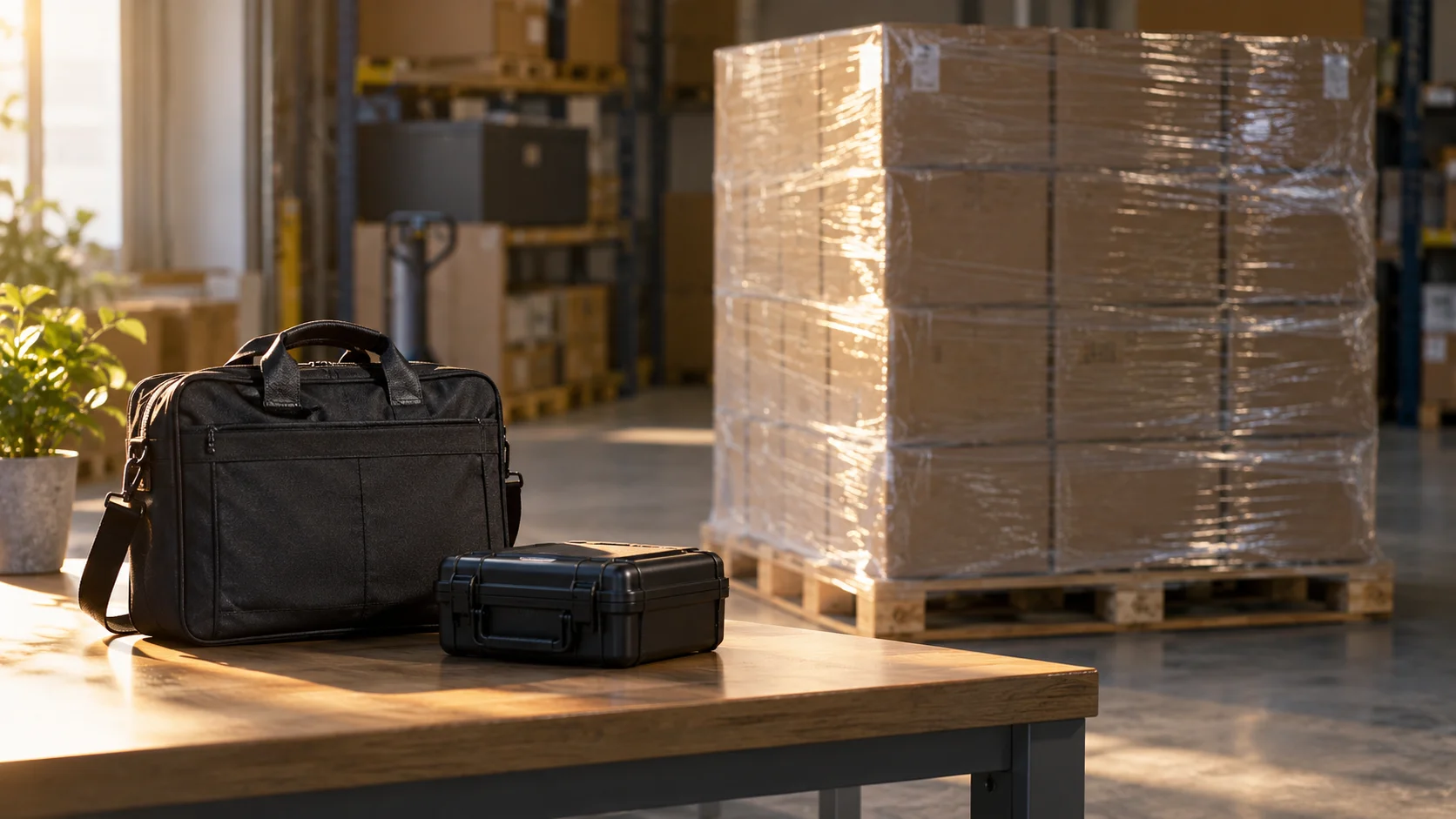 A black document bag and a small hard case sit alone on a wooden bench beside a large shrink-wrapped pallet of storage-bound boxes.