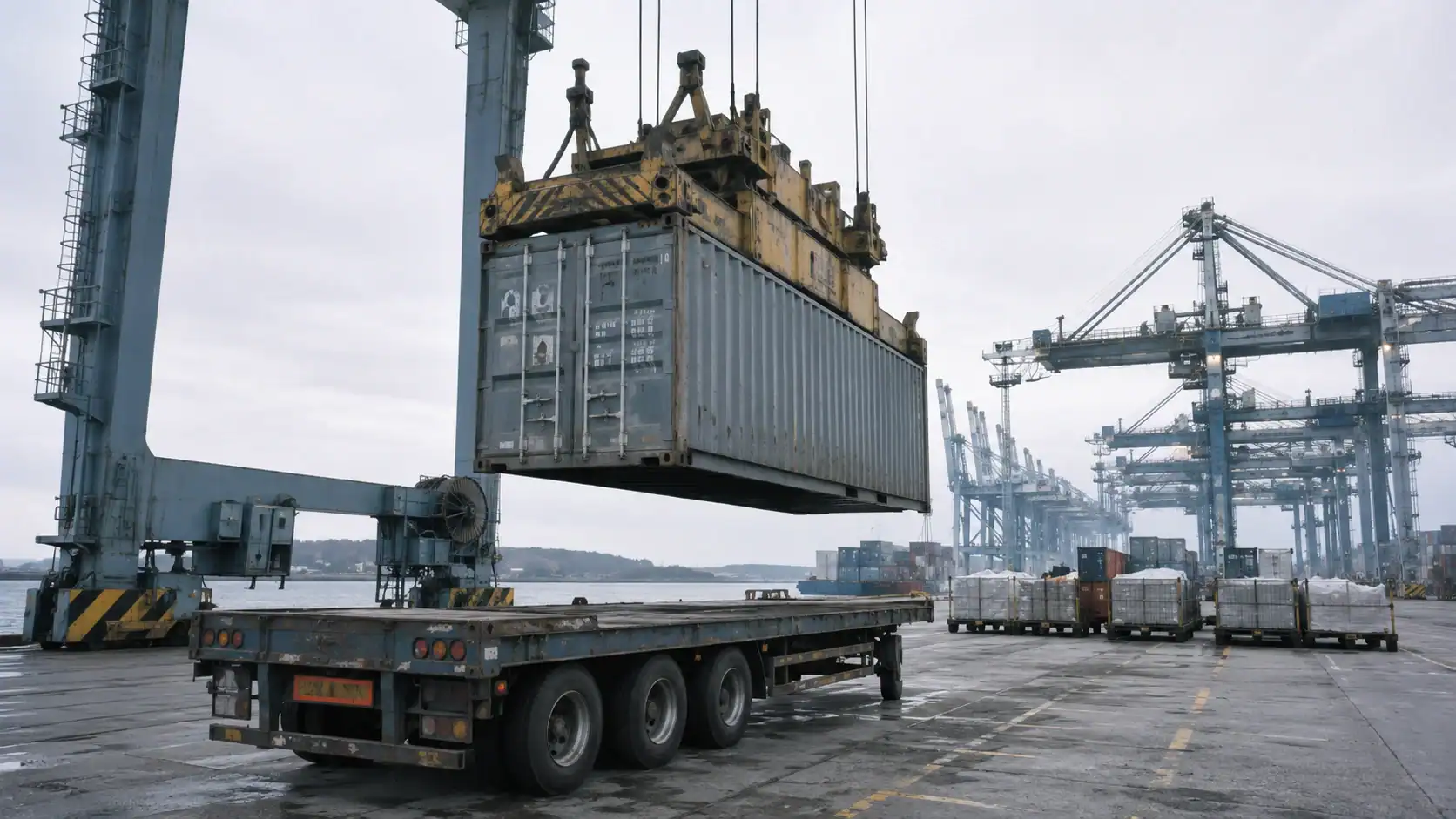 Ship-to-shore crane lowering a shipping container onto a flatbed trailer at an overcast port terminal, with additional cranes and palletized cargo in the background