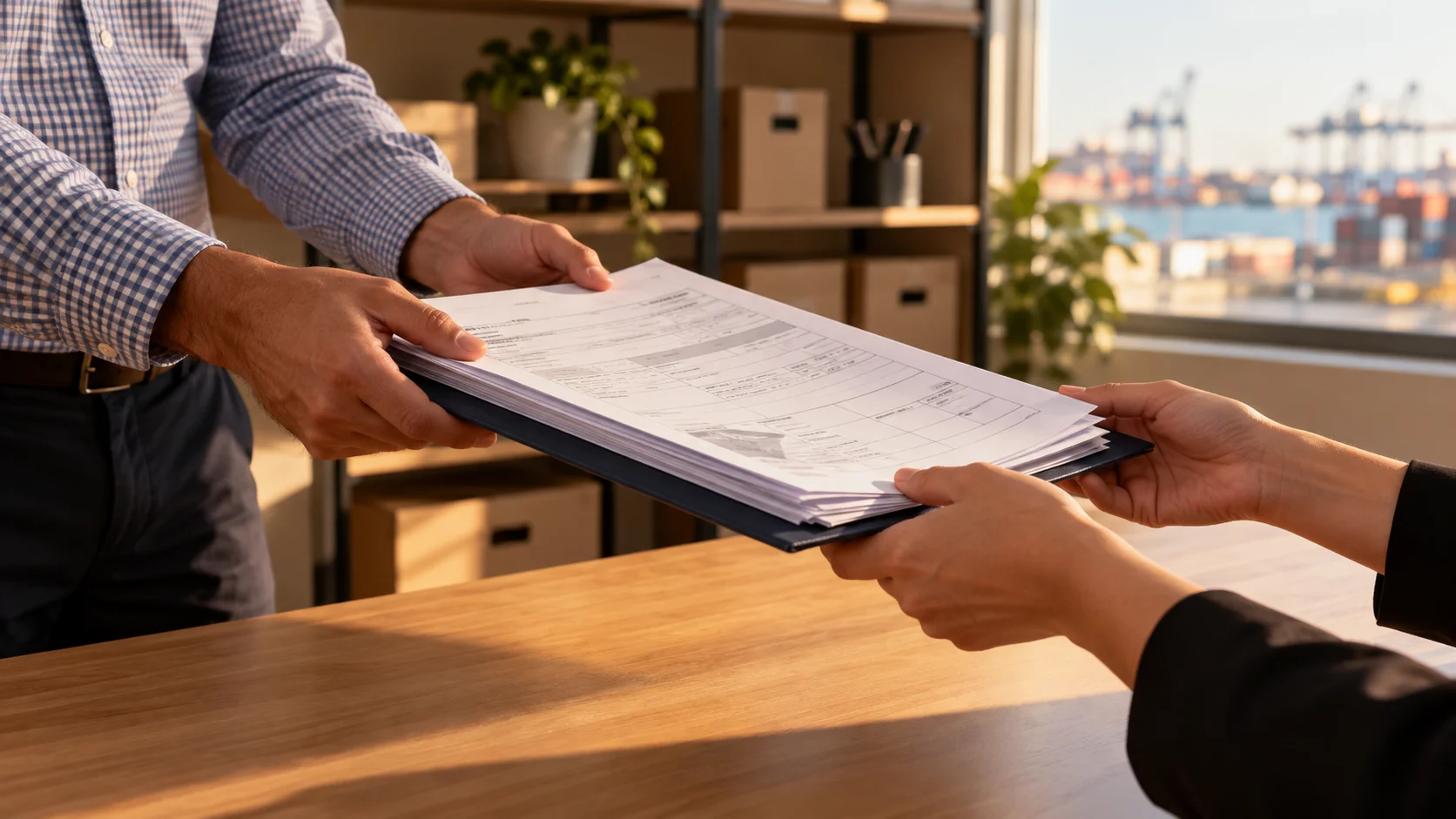 Photorealistic cinematic editorial image, outcome-focused — an Australian logistics office desk mid-handover, two stacked binders of shipping documents (bill of lading