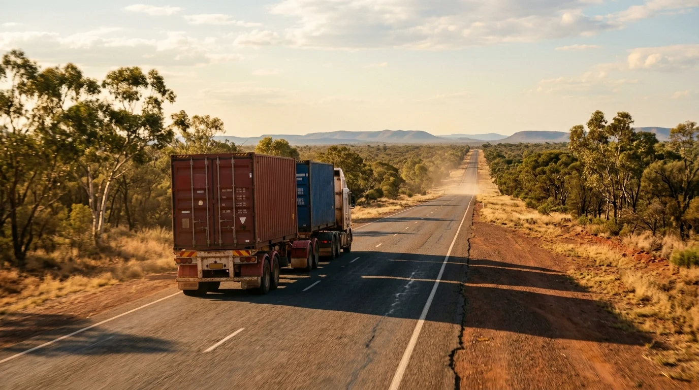 A truck hauling two shipping containers travels down a dusty outback highway lined with eucalyptus trees at late afternoon.