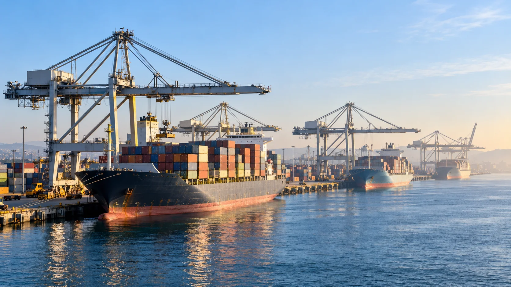 A wide view across an Australian container port shows three separate berths simultaneously active in the same frame, each with its own crane and vessel, morning light