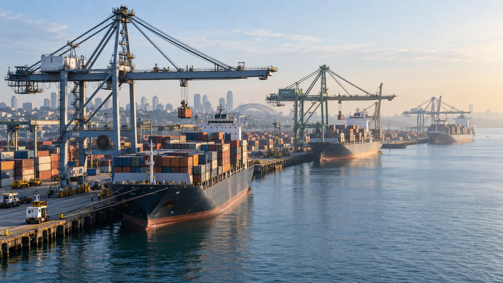A wide dockside view shows multiple container ships loading at separate berths beneath cranes, a city skyline behind.