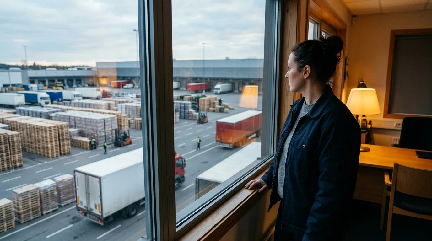 A woman stands at an office window looking down over a yard of trucks and stacked pallets, lamp light glowing behind her.