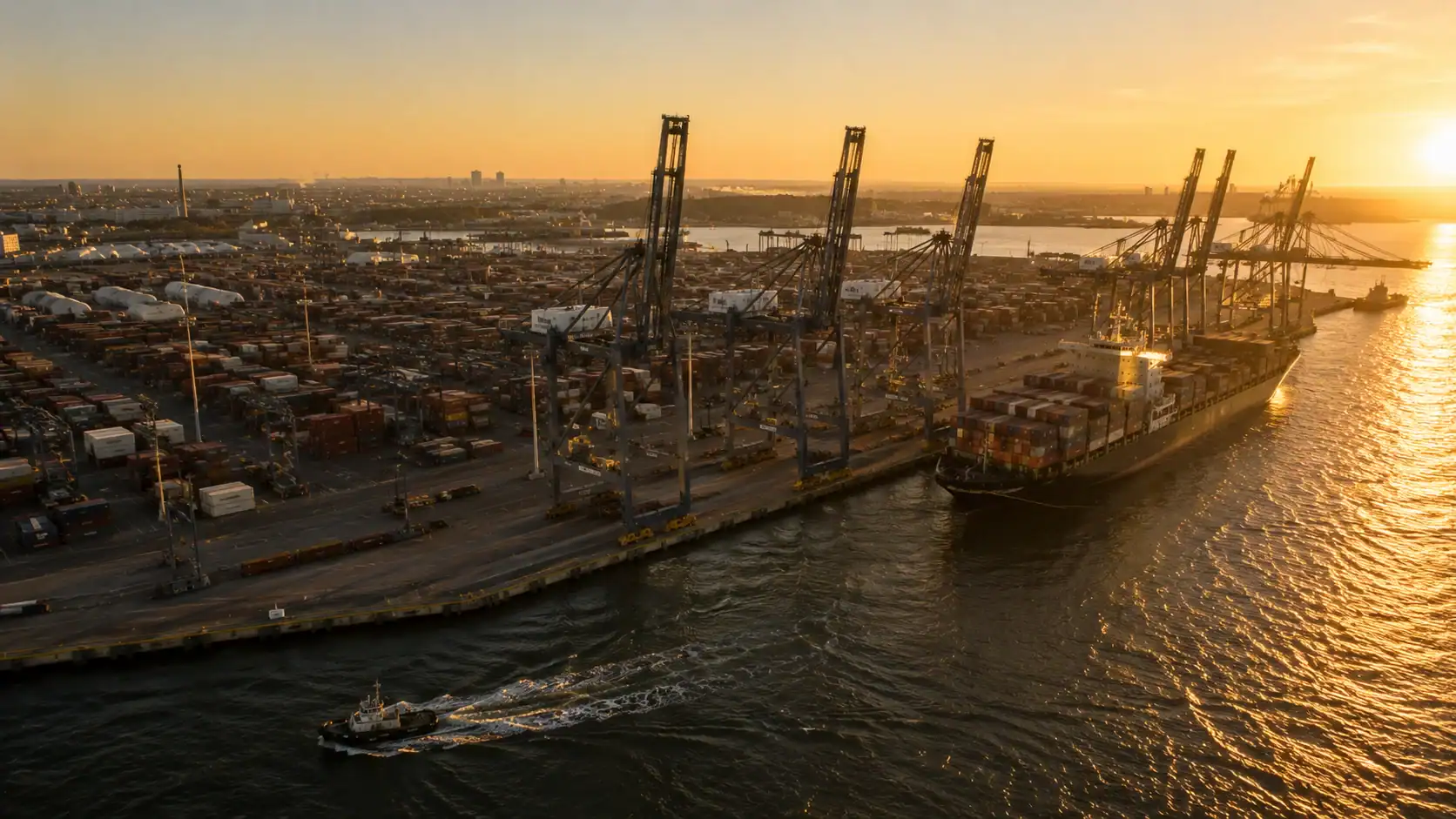 Aerial of a major Australian container port at golden hour — Port Botany, Port of Melbourne, or Brisbane container terminal