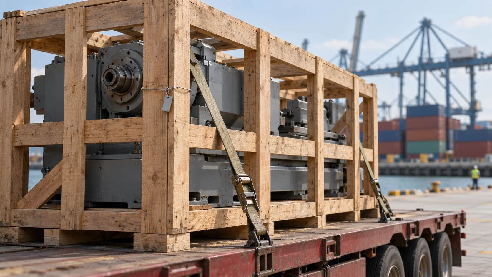 Crated industrial machinery strapped to a flatbed trailer beside container cranes, showing goods a concession can cover