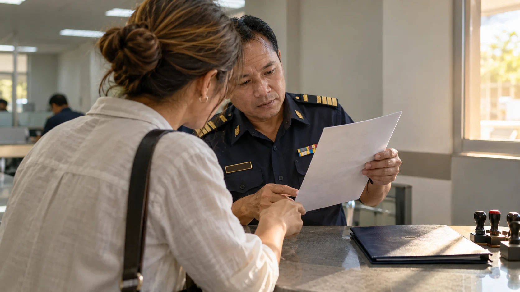 A customs officer and an importer's representative standing at a document counter inside a Thai customs office annex, both looking at a shared printed value assessment