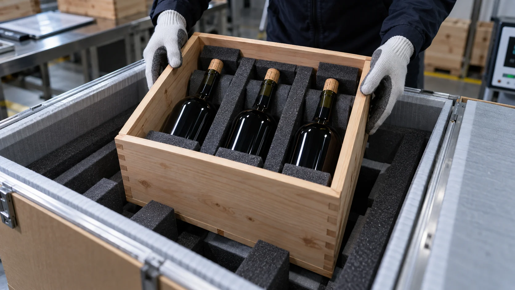 A wooden wine crate being carefully lowered into a padded shipping container insert inside a climate-aware packing facility, a worker's gloved hands guiding the crate's