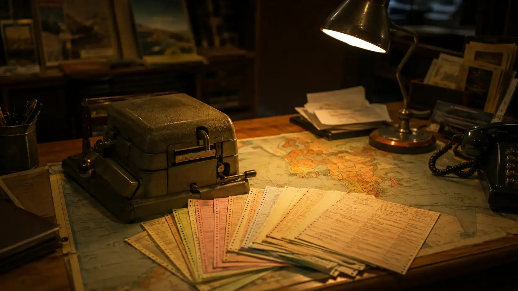 A vintage mechanical card-imprinting machine and fanned stacks of punch-style transaction slips on a desk beside a period world map, evoking 1990s payment-data processing technology