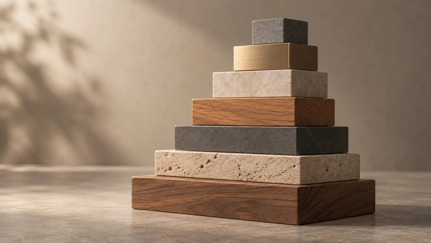 A stepped stack of seven graduated material blocks in wood, stone, brass, and slate, narrowing toward the top, representing the layered cost stages of shipping a pet from Thailand to Australia