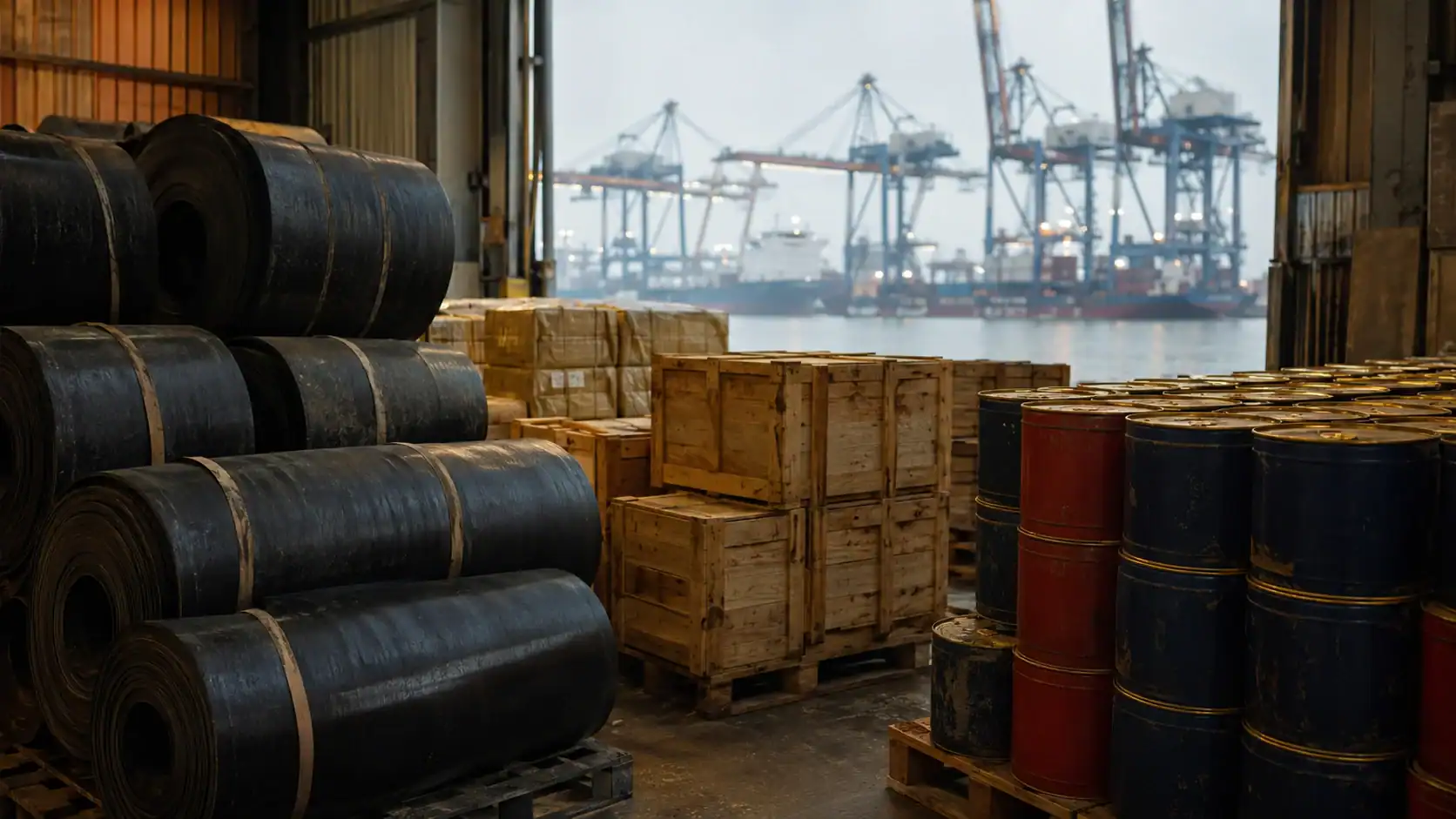 Rolled rubber sheeting, wooden crates, and stacked steel drums inside a warehouse with a container port and ship visible through the open door, representing Thai export goods bound for Australia