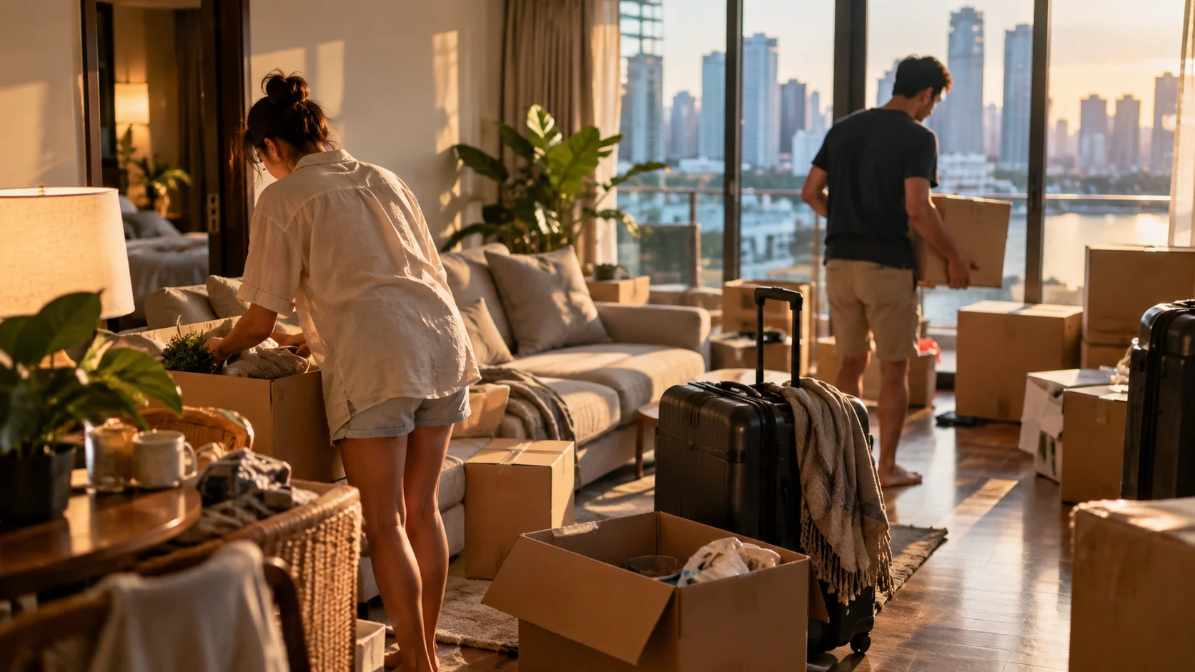 Editorial visual for the Thailand arrival-costs phase — a couple or family setting up a new rented apartment/condo in Bangkok or Chiang Mai, boxes and immediate