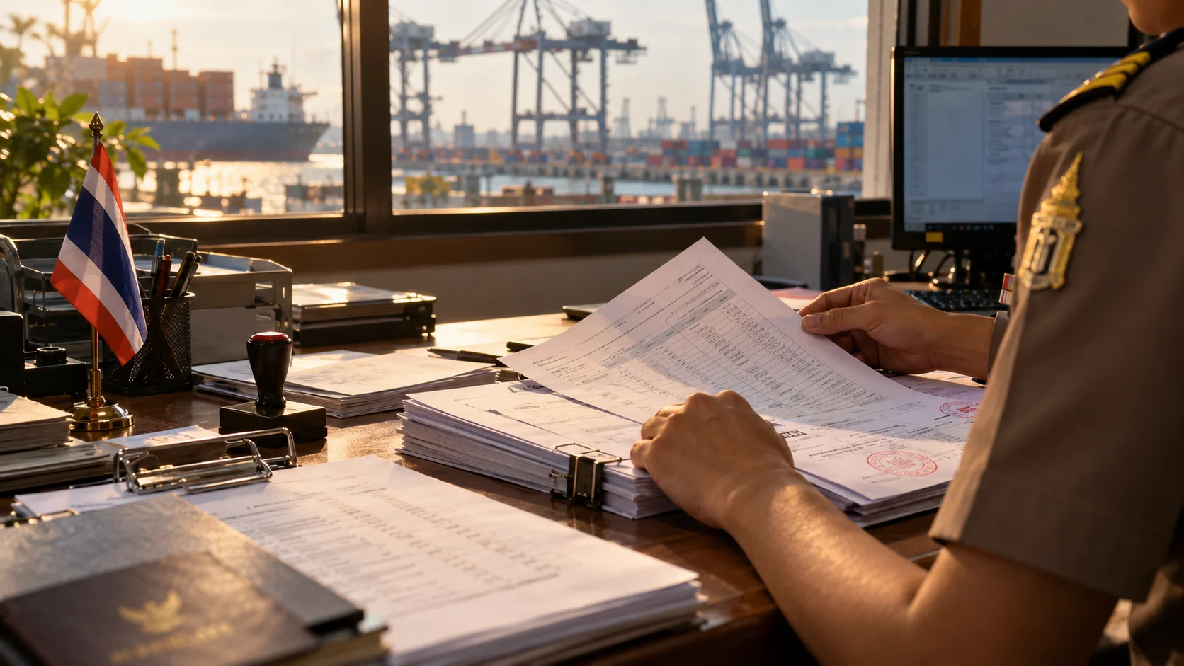 Editorial illustration for the Thai customs/personal-effects clearance stage — a customs officer's desk with a typed inventory list and stamped documents, port cranes