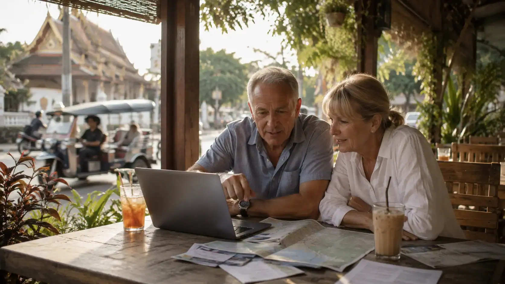 Elderly couple in light cotton clothing at a Chiang Mai or Hua Hin café terrace with a laptop, a Thai map, and visa paperwork on the table. Warm late-afternoon light