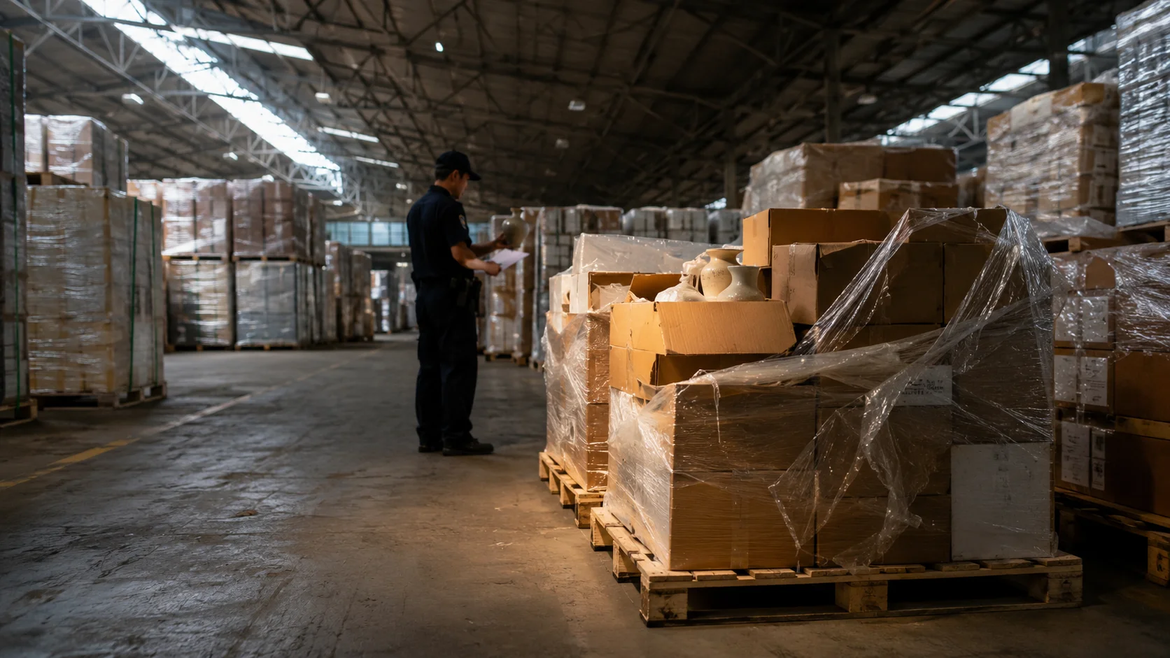 Officier en uniforme examinant des documents à côté de palettes d'effets ménagers sous film plastique et de céramiques emballées dans un entrepôt douanier