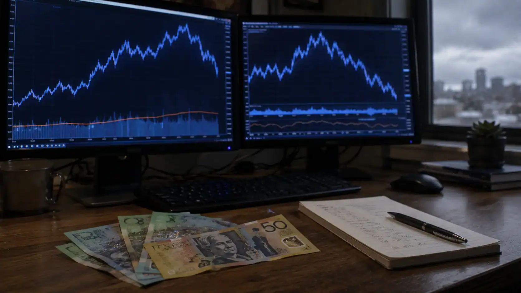AUD coins or banknotes alongside a long-term currency chart spanning 2013-2020 with visible peaks and troughs