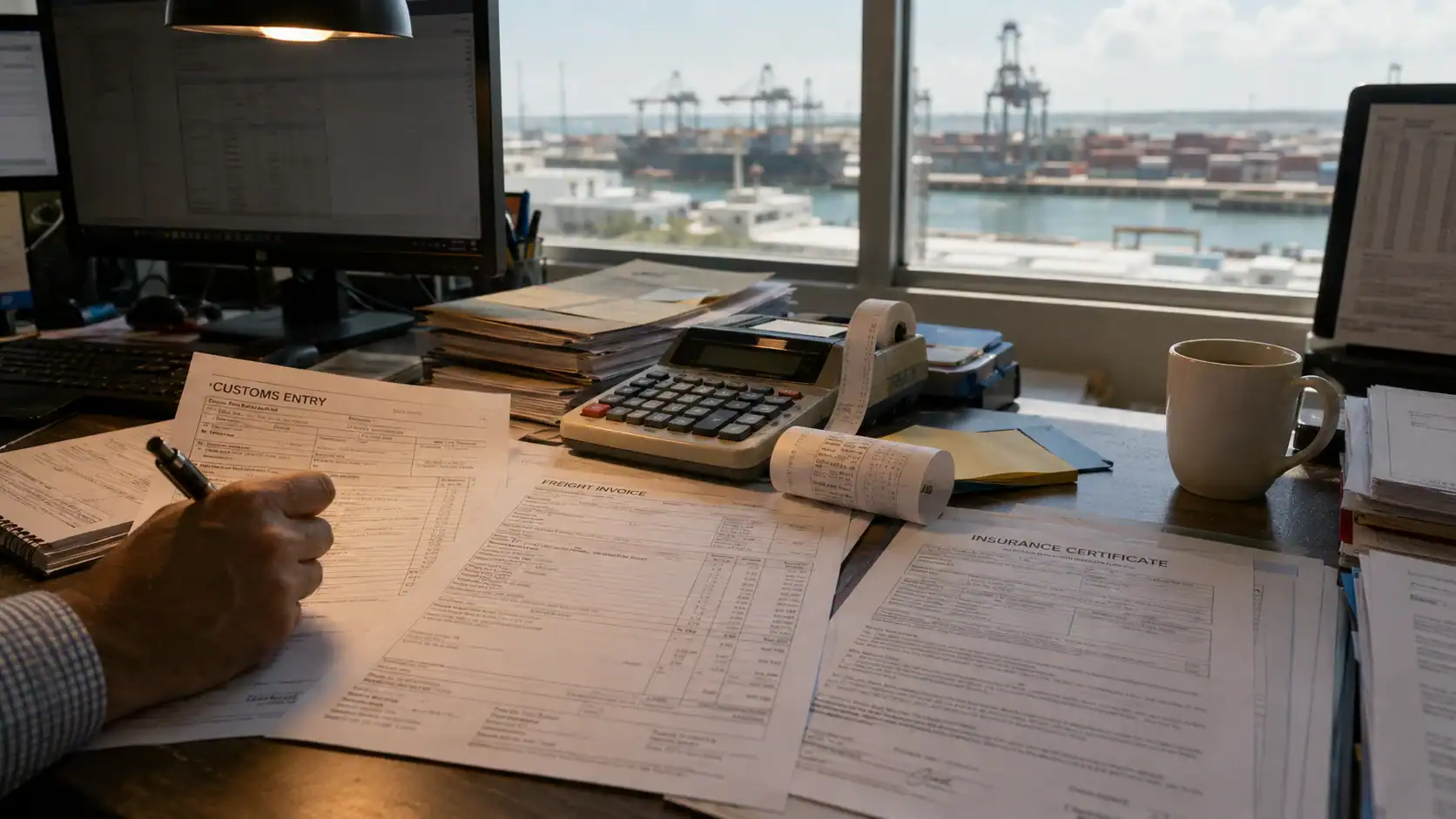 Clean, professional flatlay of import documents — customs entry, duty assessment, freight invoice, insurance certificate — on a desk with Australian Border Force document or ABF branding visible