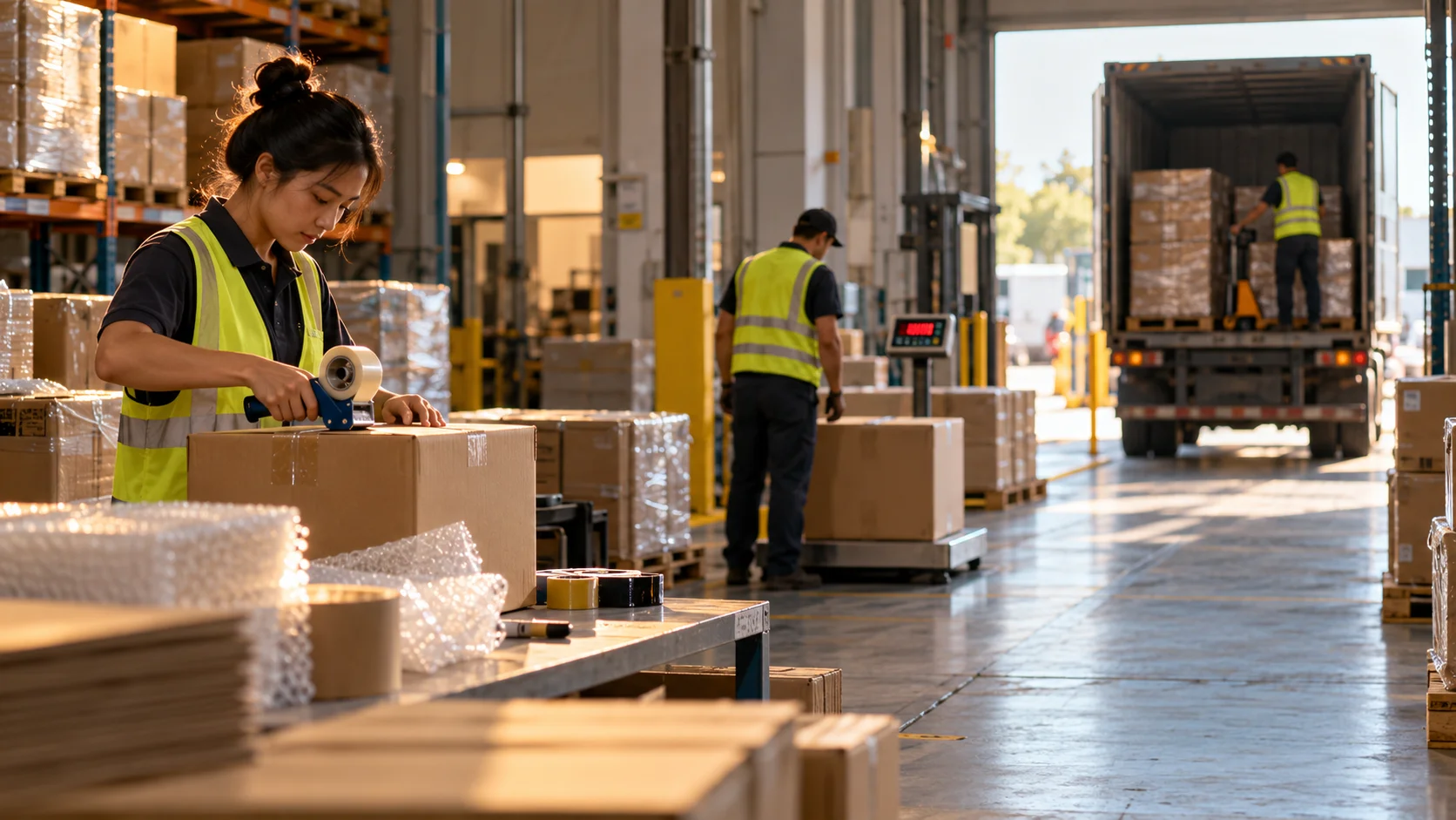 A wide view down a logistics facility's length shows three distinct zones in one frame, a packing station in the foreground, a floor scale in the middle distance, and a