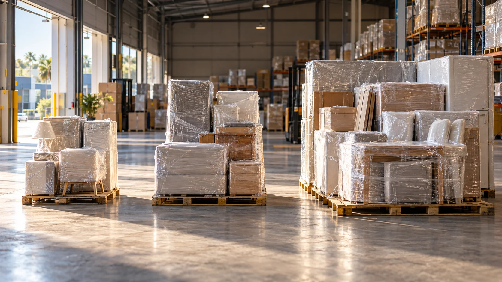 Three distinctly different-sized groups of wrapped household goods sit staged in separate zones of a warehouse floor, a small stack for one, a medium pallet for another,