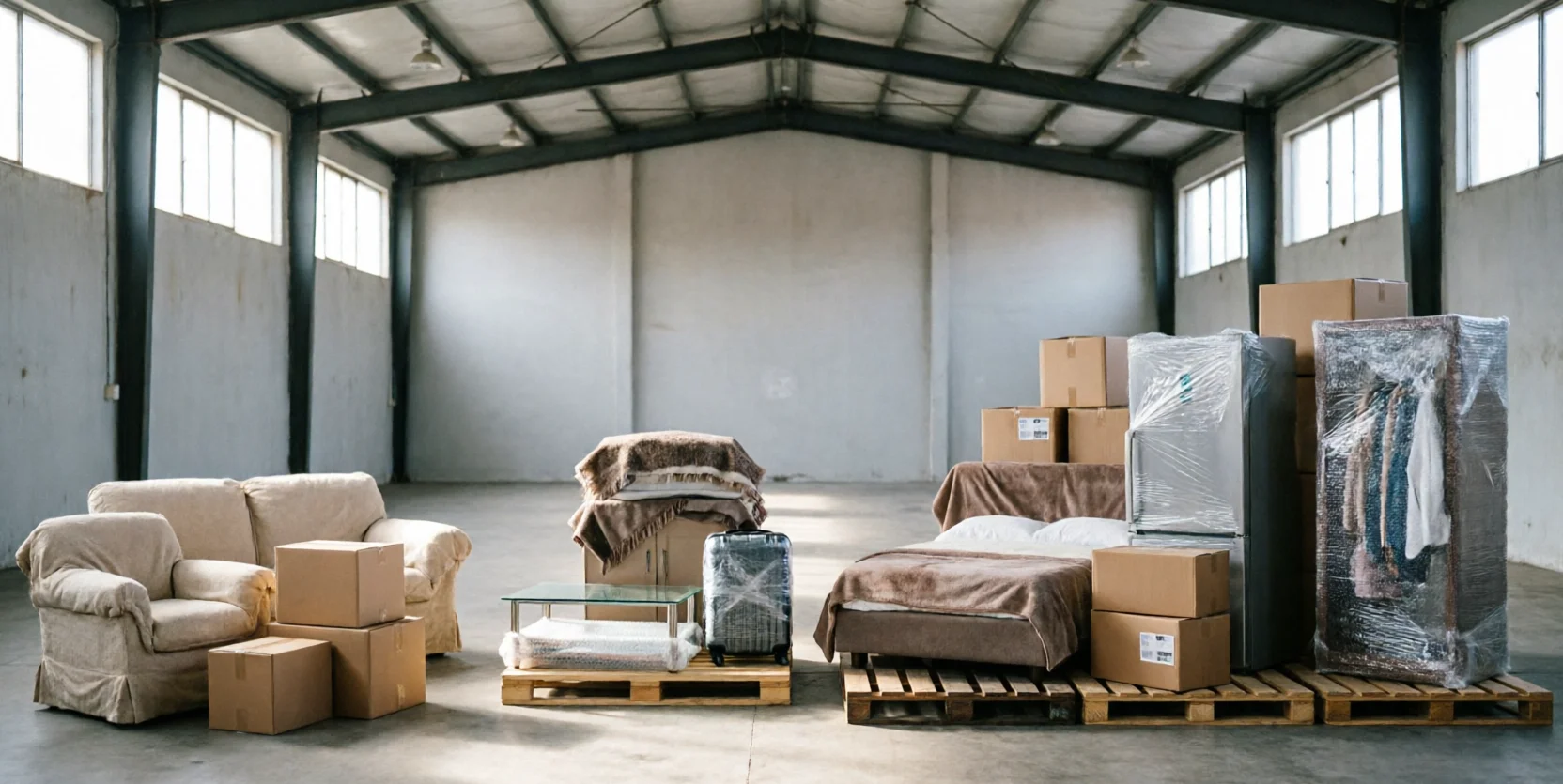 Three separate clusters of wrapped household furniture and boxes in different sizes are staged across a sunlit warehouse floor.