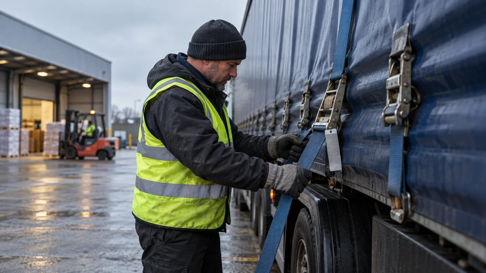 At a UK export warehouse's loading bay on an overcast morning, a driver checks the final strap tension on a loaded curtain-sided trailer before departure, breath faintly