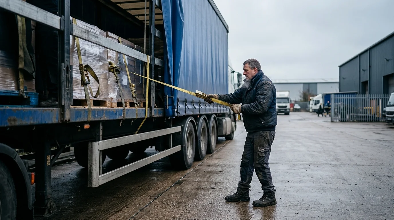 A driver in cold-weather gear tightens a ratchet strap on a curtain-sided trailer loaded with wrapped pallets at an overcast UK loading bay.