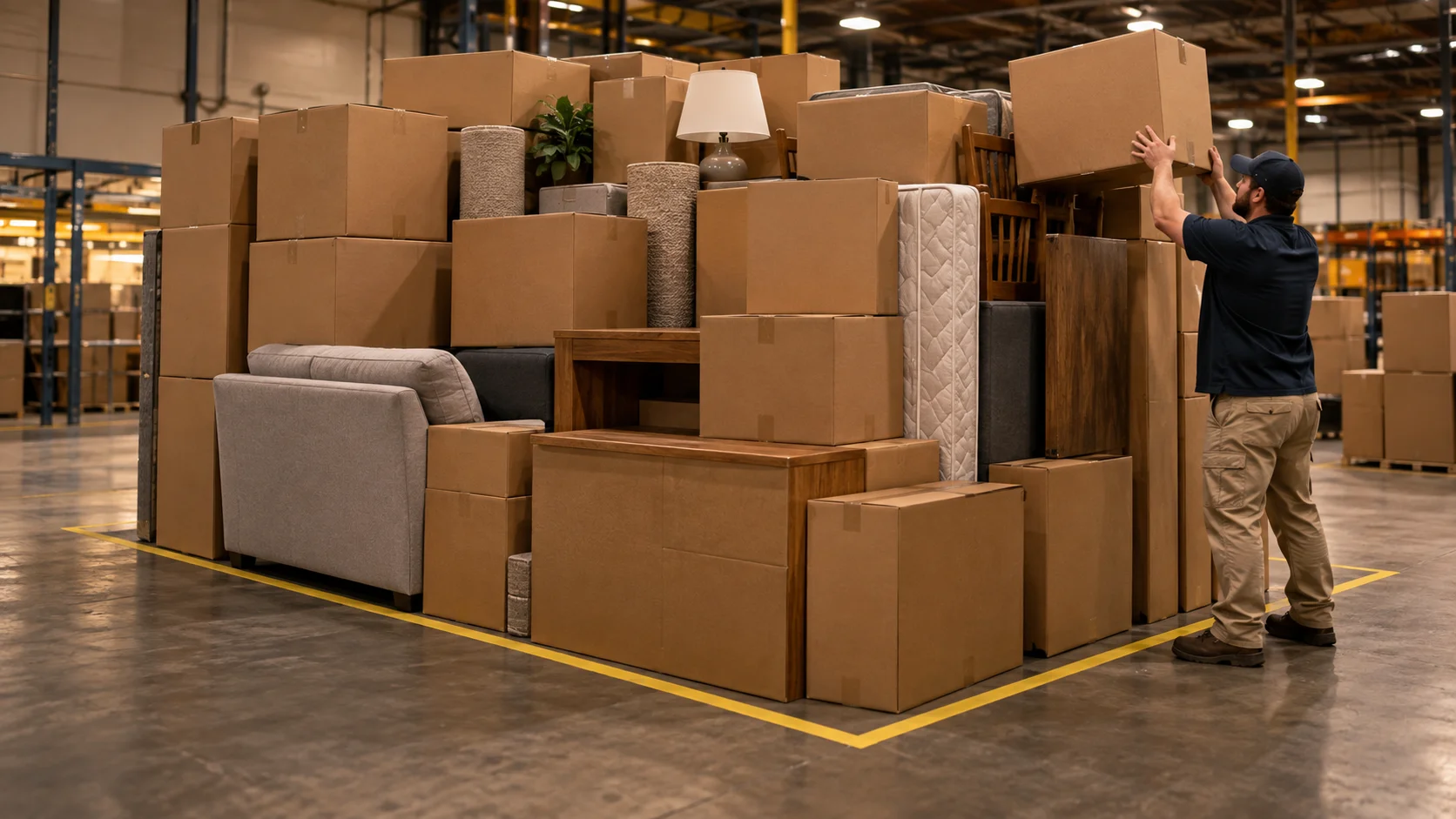 Inside a warehouse, a stack of household boxes and furniture nearly fills a clearly outlined floor area marked with removable tape on the concrete, one worker adding