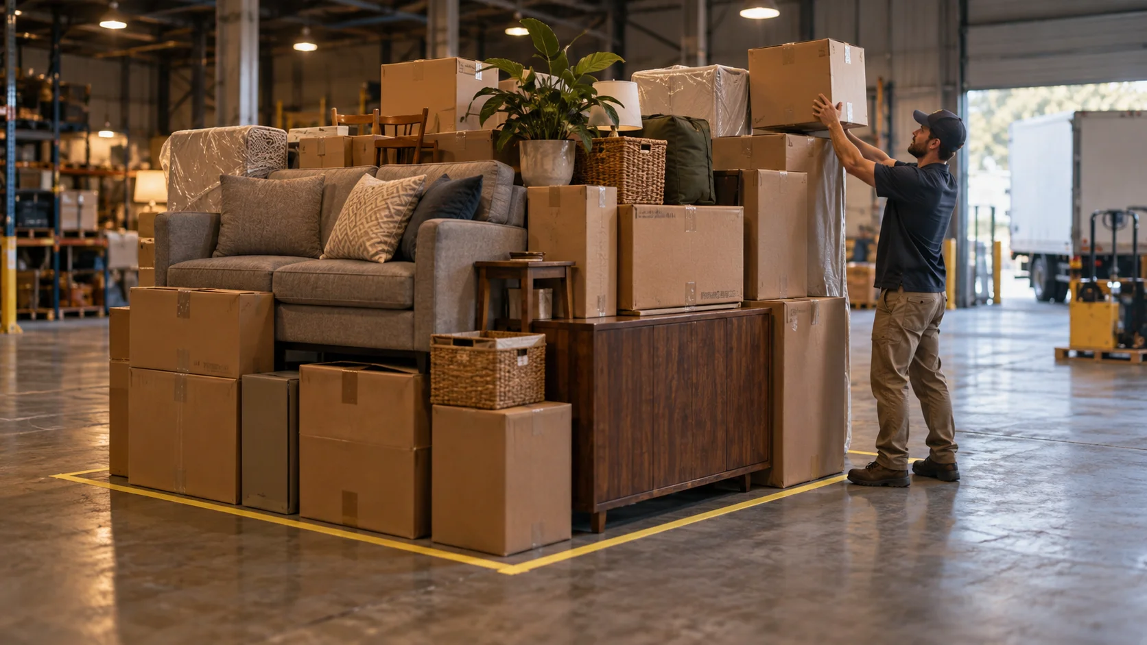 A worker adds a final box to a large stack of furniture and boxes filling a yellow-taped floor area in a warehouse.