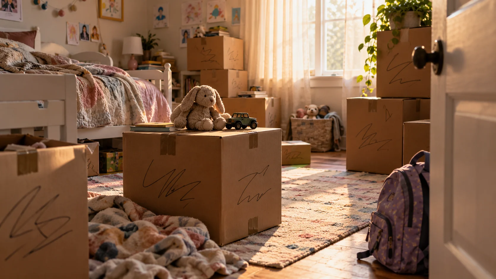 A child's bedroom mid-pack, a few favorite toys left out on top of a sealed moving box while the rest of the room is boxed with plain, illegible labels, soft afternoon