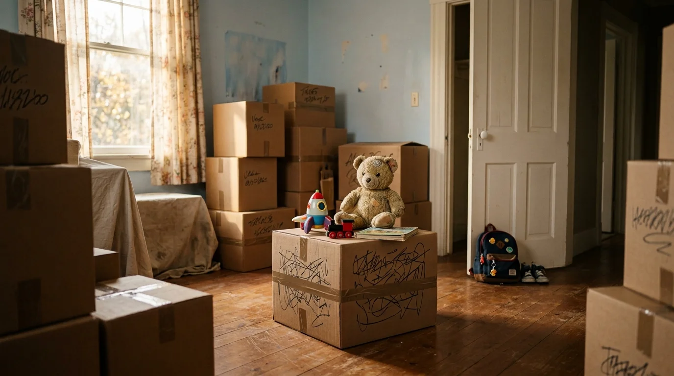 A child's bedroom mid-pack, a few favorite toys left out on top of a sealed moving box while the rest of the room is boxed with plain, illegible labels, soft afternoon light through a curtain.