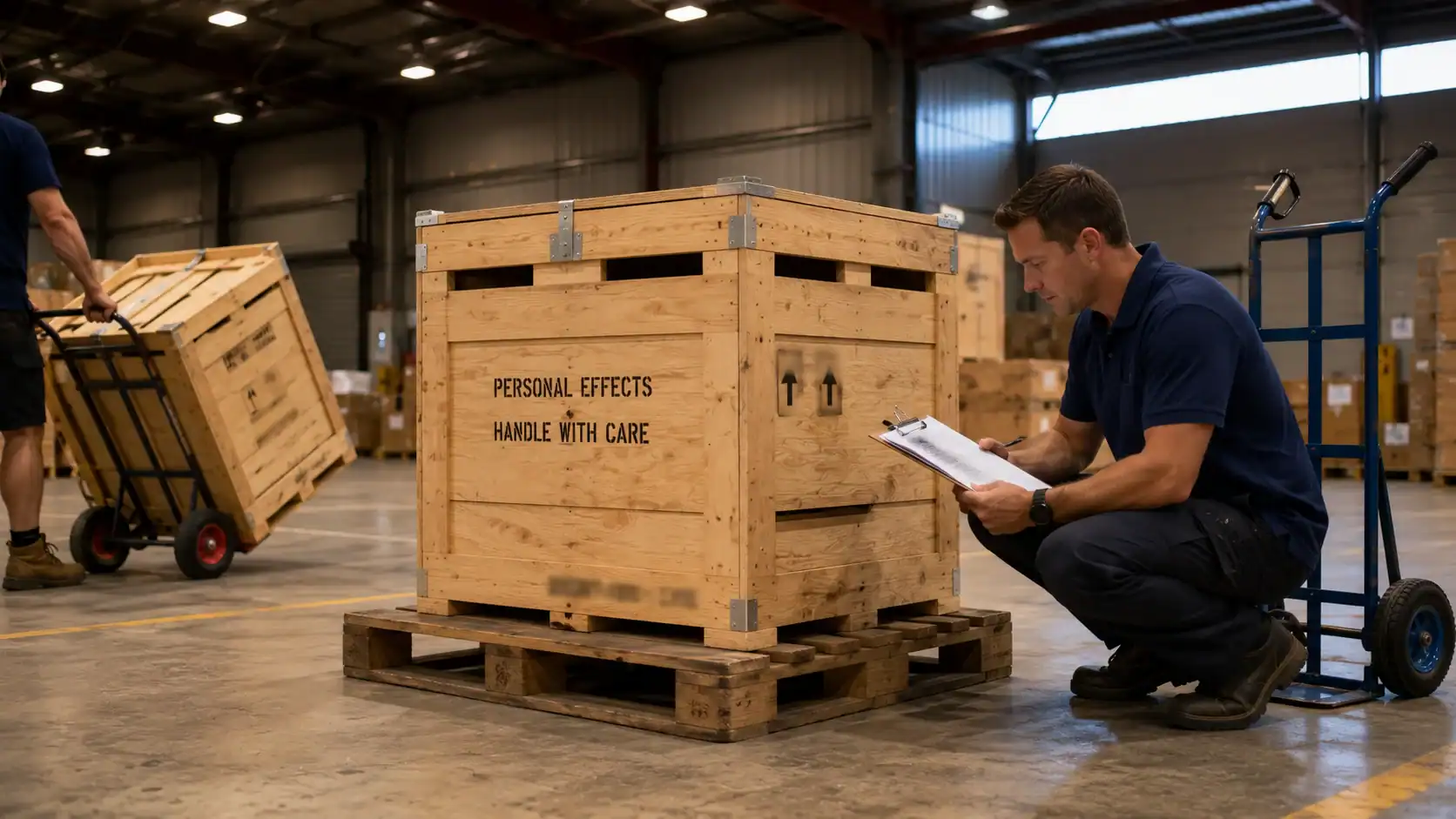 Wooden crates or moving cartons labeled 