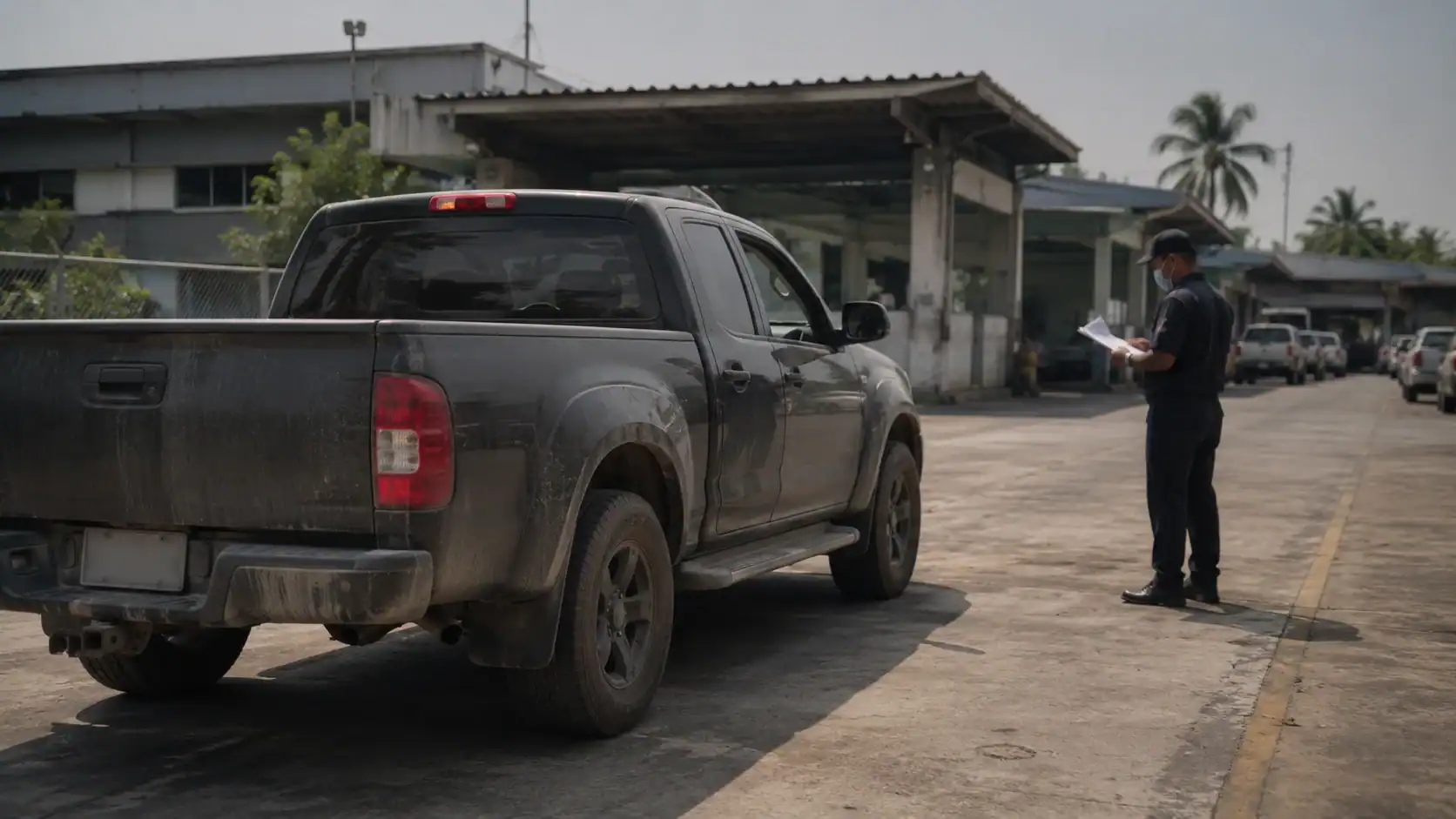 Official reviewing documents beside a dusty pickup truck queued at a Thai vehicle registration and inspection yard