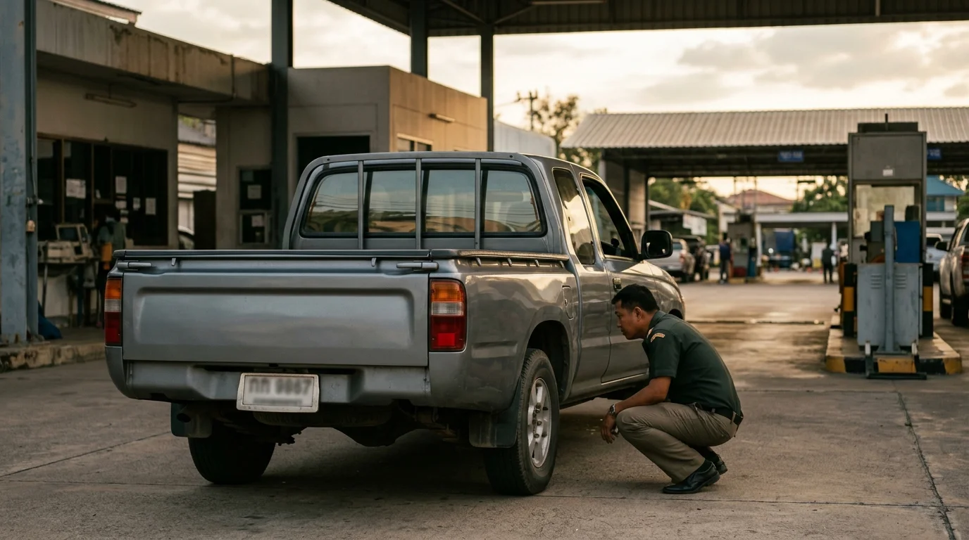 Inspector reviewing a U.S.-plated pickup truck at a Thai vehicle registration and inspection yard, showing the left-hand-drive side