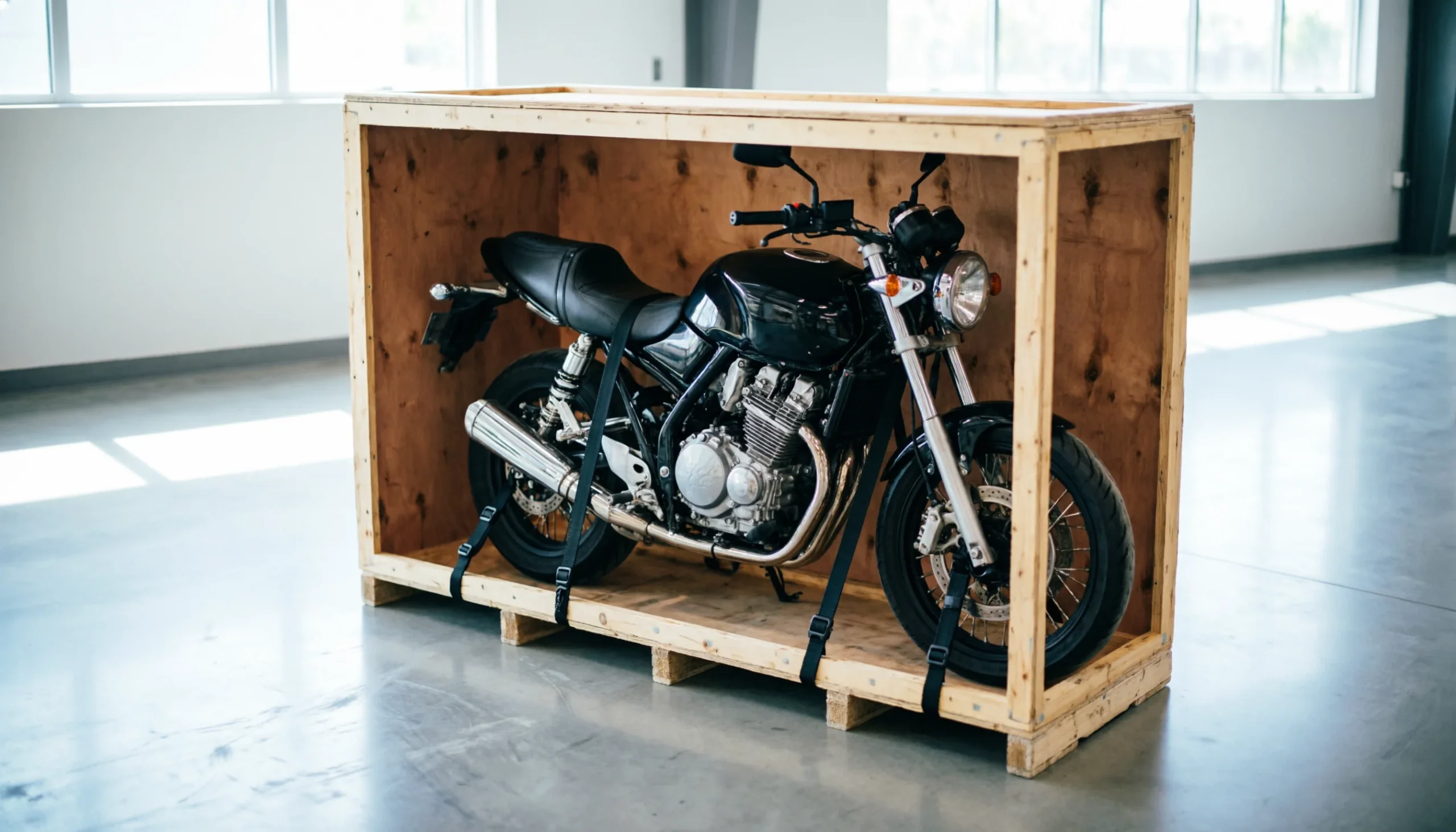 Motorbike secured upright inside a shipping crate with tie-down webbing, prepared for export in a warehouse bay