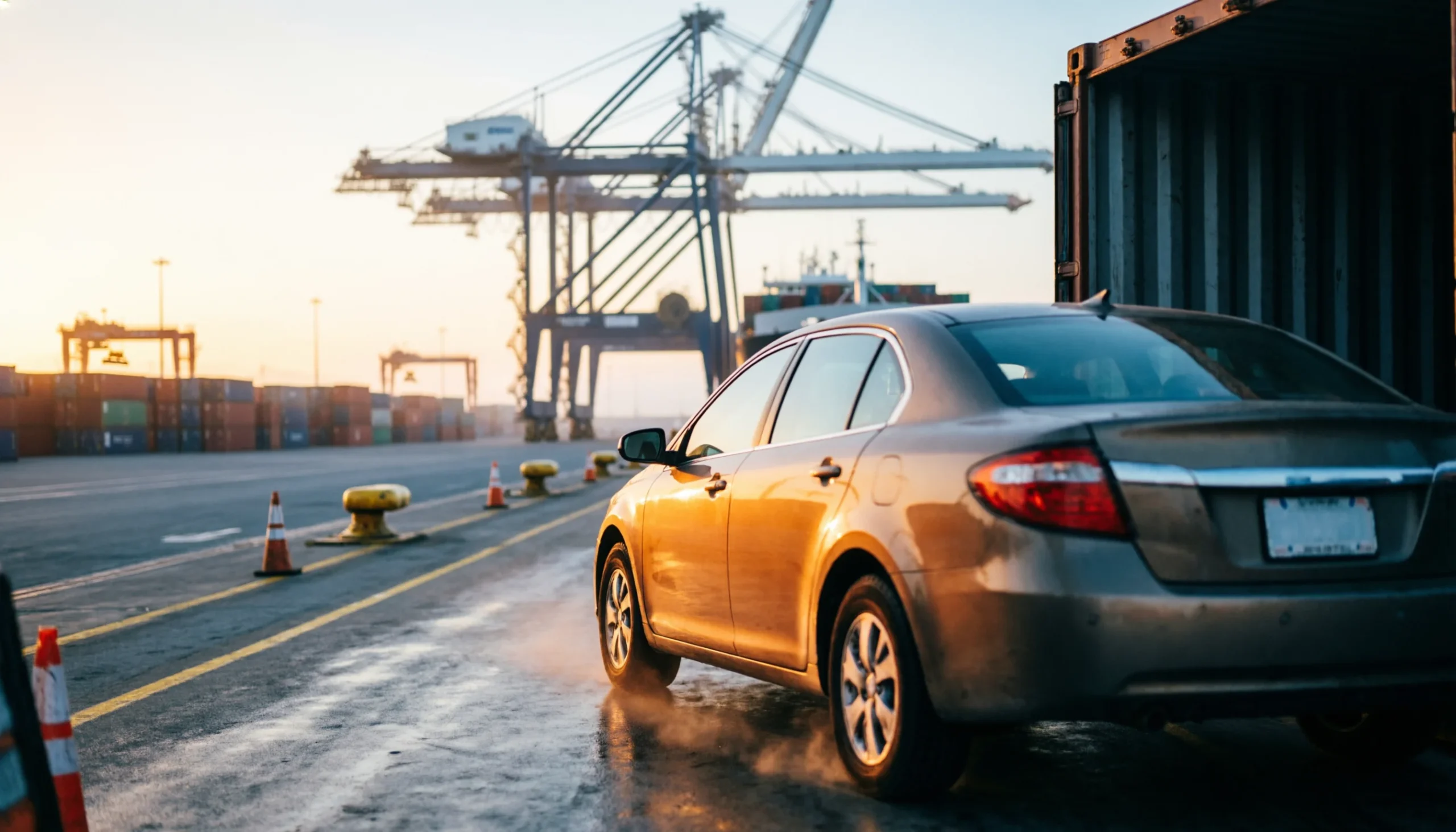 Car being loaded onto a RoRo deck at a West Coast US container port at golden hour, with gantry cranes in the background