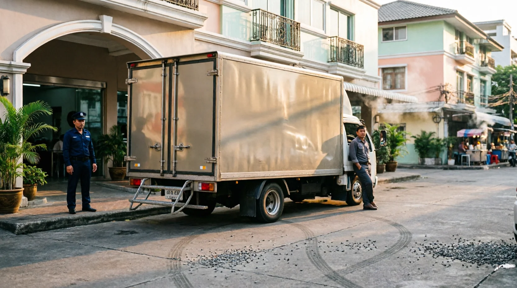 A Bangkok apartment building's ground-floor loading area with a delivery truck parked but its ramp not yet lowered.