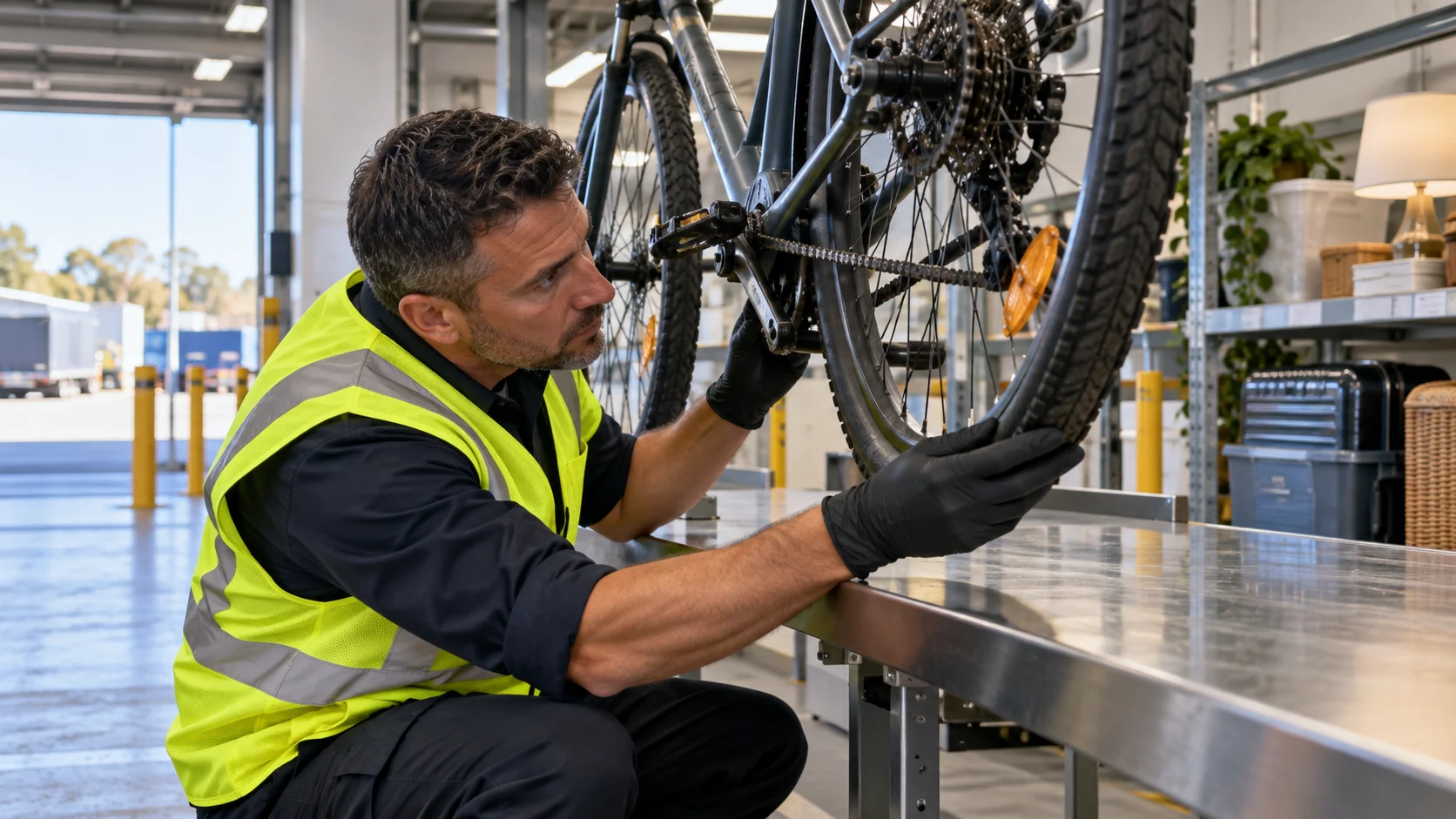 A biosecurity officer examining the underside of a used bicycle inside an Australian inspection bay, checking the tire tread and frame joints under bright, even